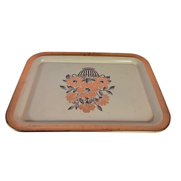 Rustic Metal Floral Serving Tray Gold Tone Flowers Trim Farmers Market VTG 50s - Picture 2 of 16